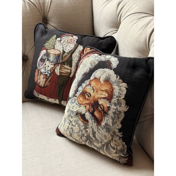 2 Santa Christmas Tapestry Pillows Black Background  Vintage Style 12” Each - Picture 12 of 12